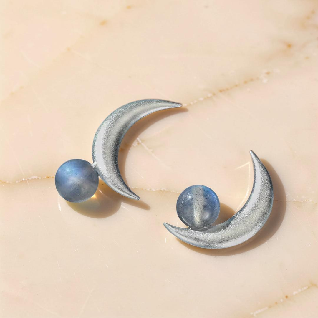 Boucles d'Oreilles Labradorite – Croissant Enchanté, Argent
