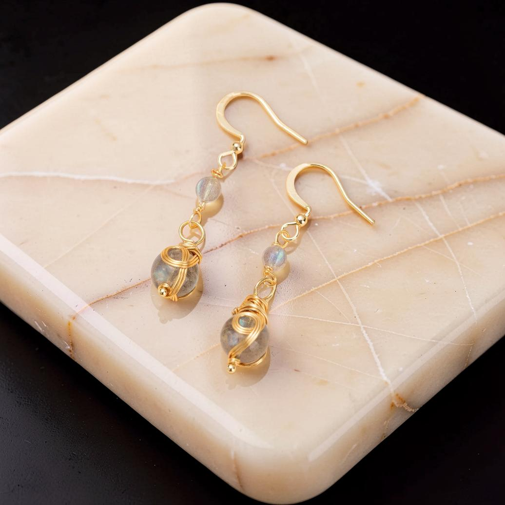 Boucles d'Oreilles Labradorite – Étoile du Soir, Plaqué Or