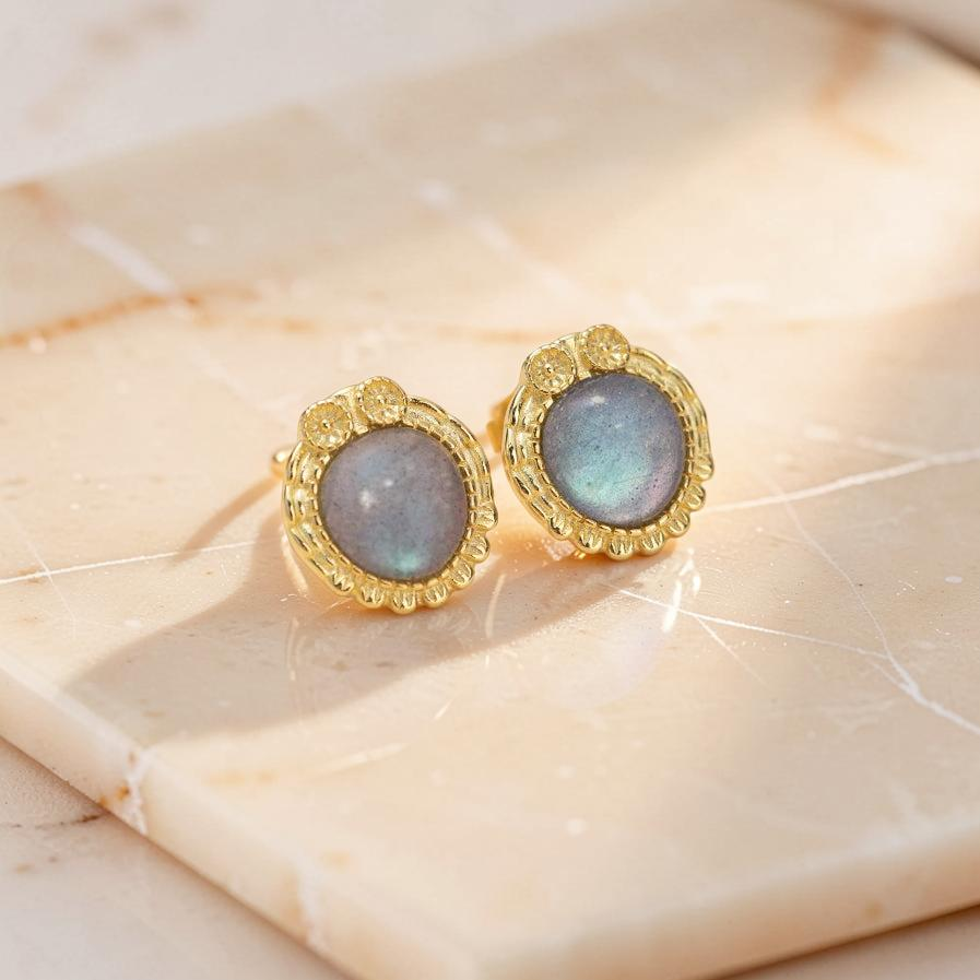 Boucles d'Oreilles Labradorite – Sagesse Antique, Argent Plaqué Or