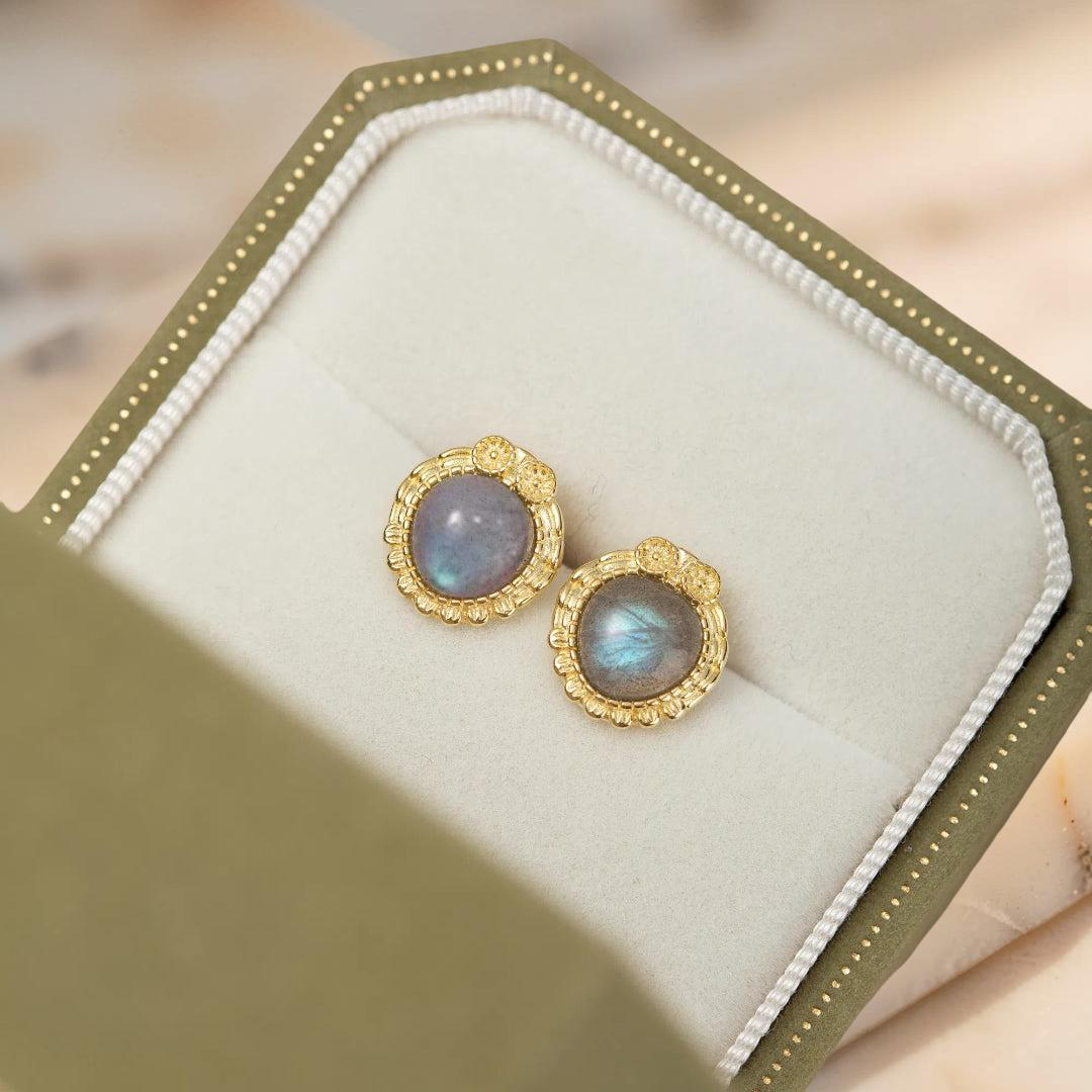 Boucles d'Oreilles Labradorite – Sagesse Antique, Argent Plaqué Or