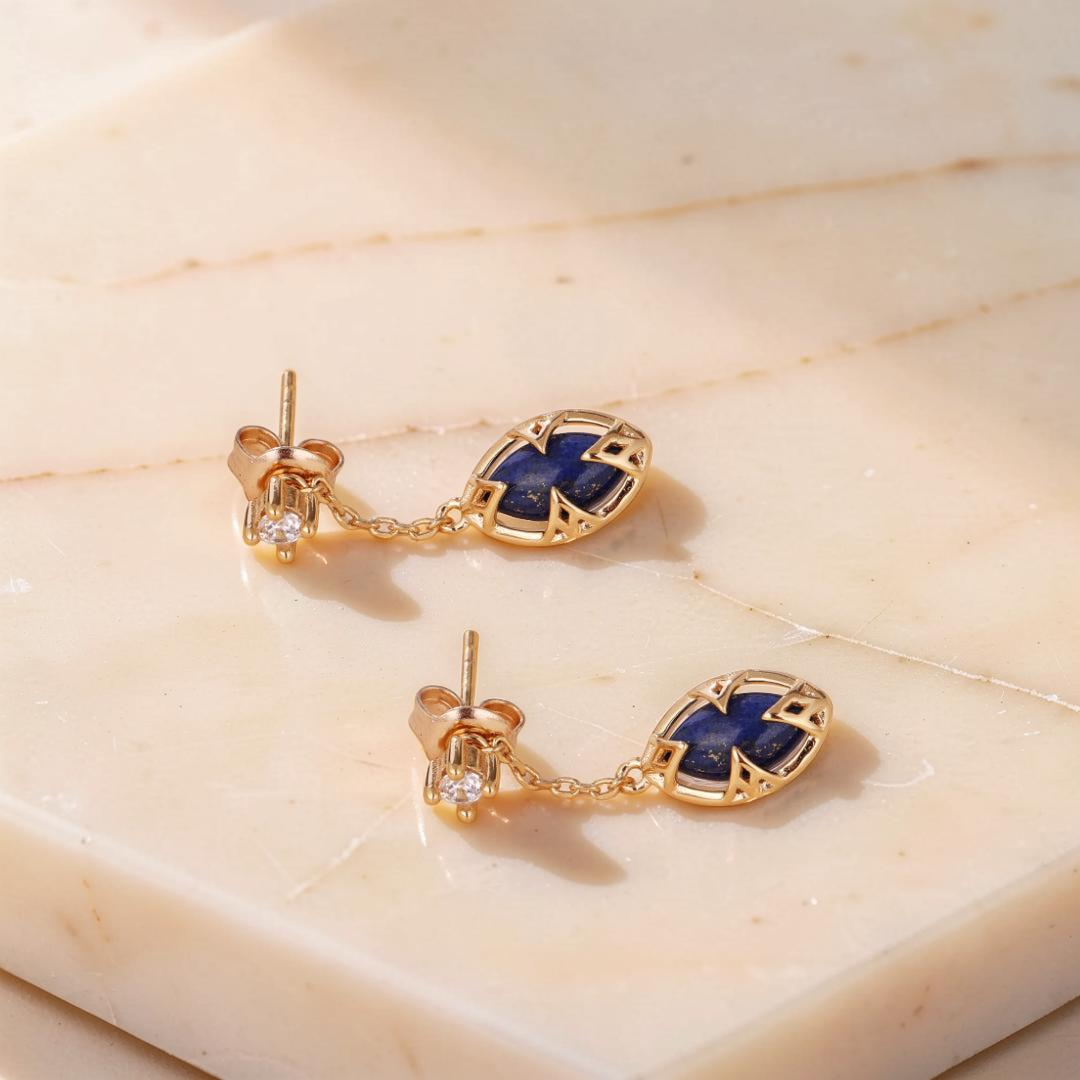 Boucles d'Oreilles Lapis Lazuli et Quartz Clair – Étoile du Matin, Argent Plaqué Or