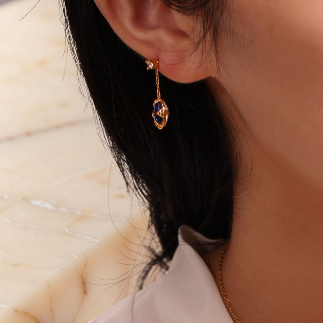 Boucles d'Oreilles Lapis Lazuli et Quartz Clair – Étoile du Matin, Argent Plaqué Or