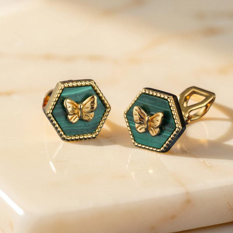 Boucles d'Oreilles Malachite – Élégance Papillon, Argent Plaqué Or