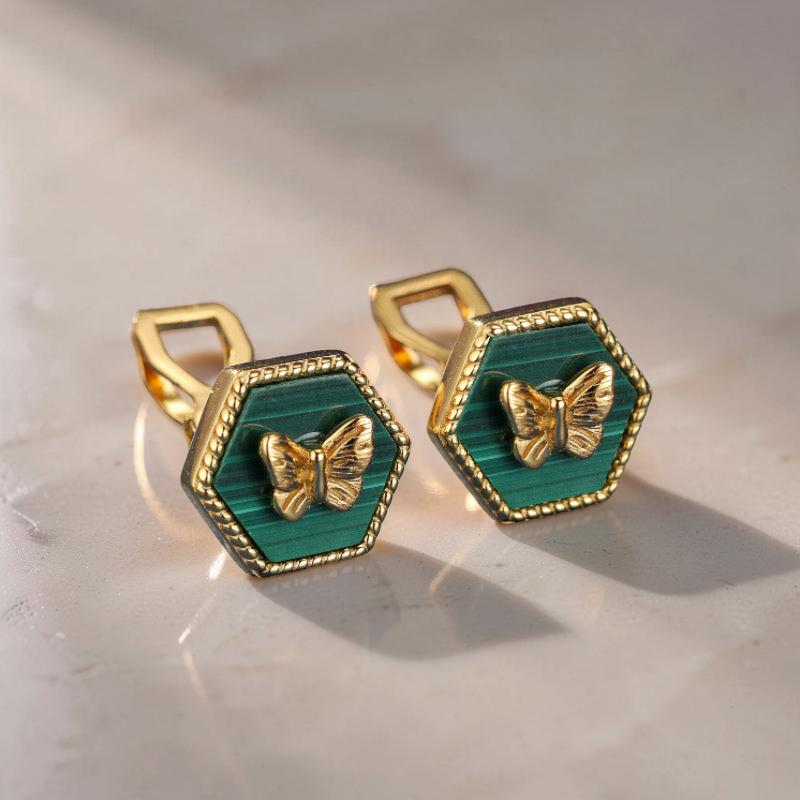 Boucles d'Oreilles Malachite – Élégance Papillon, Argent Plaqué Or