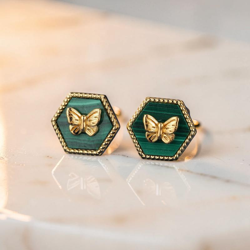 Boucles d'Oreilles Malachite – Élégance Papillon, Argent Plaqué Or
