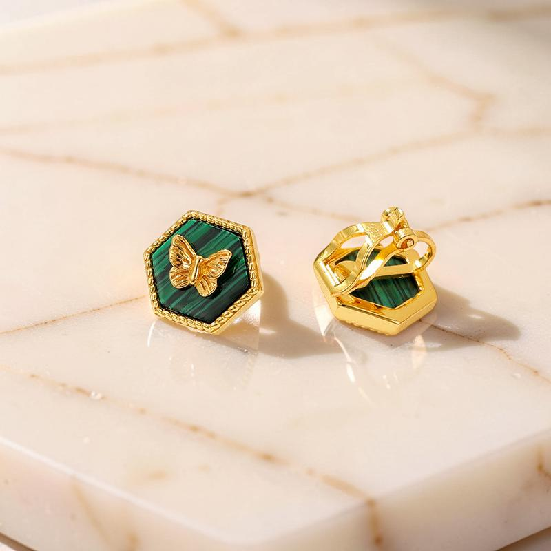 Boucles d'Oreilles Malachite – Élégance Papillon, Argent Plaqué Or