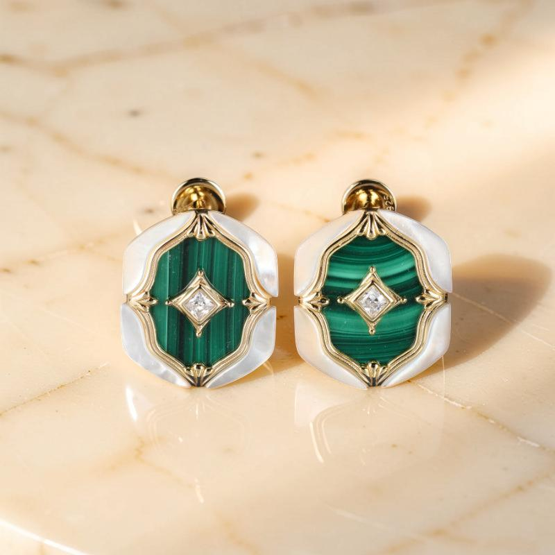 Boucles d'Oreilles Malachite et Nacre – Astres en Verdures, Argent Plaqué Or