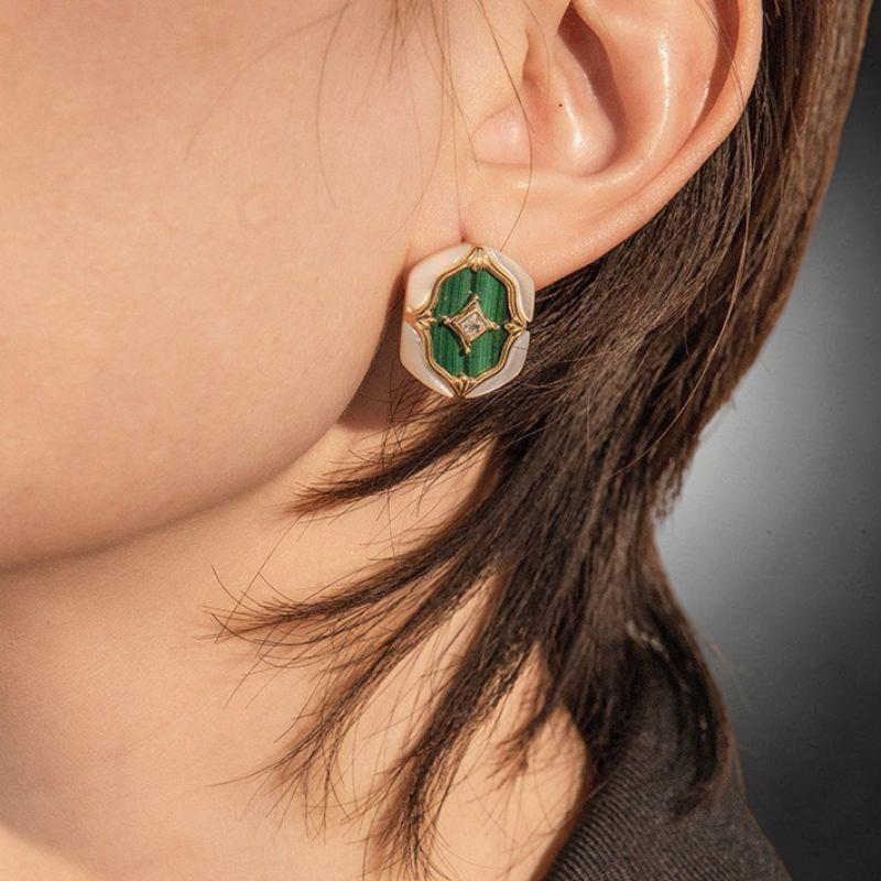 Boucles d'Oreilles Malachite et Nacre – Astres en Verdures, Argent Plaqué Or