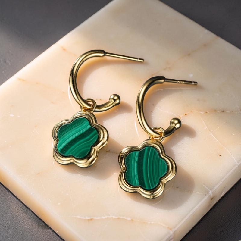 Boucles d'Oreilles Malachite – Étoile Fleur, Argent Plaqué Or