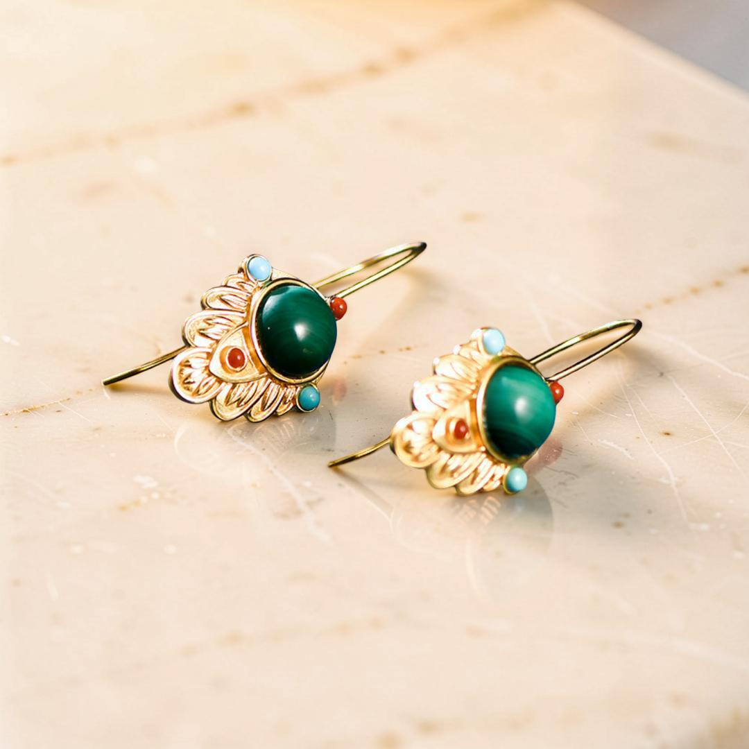 Boucles d'Oreilles Malachite – Feuille Dorée, Argent Plaqué Or