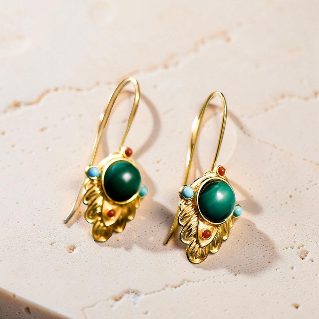 Boucles d'Oreilles Malachite – Feuille Dorée, Argent Plaqué Or