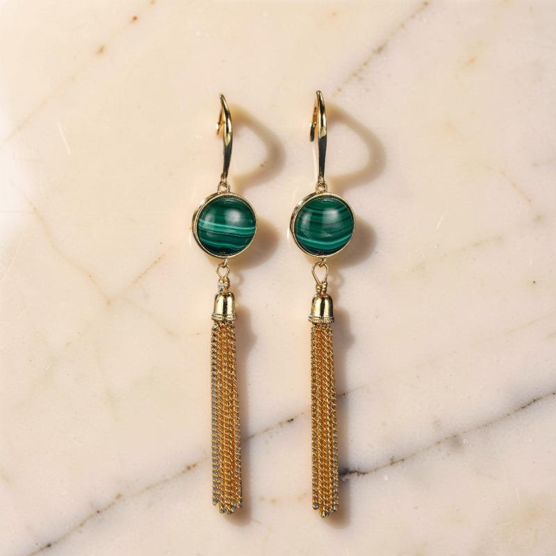 Boucles d'Oreilles Malachite – Glamour, Argent Plaqué Or