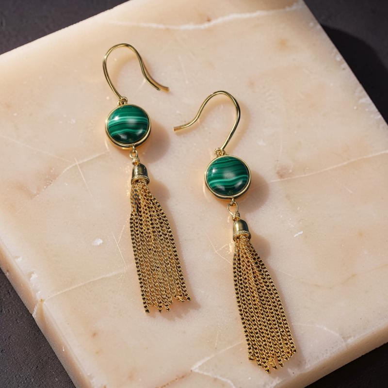 Boucles d'Oreilles Malachite – Glamour, Argent Plaqué Or