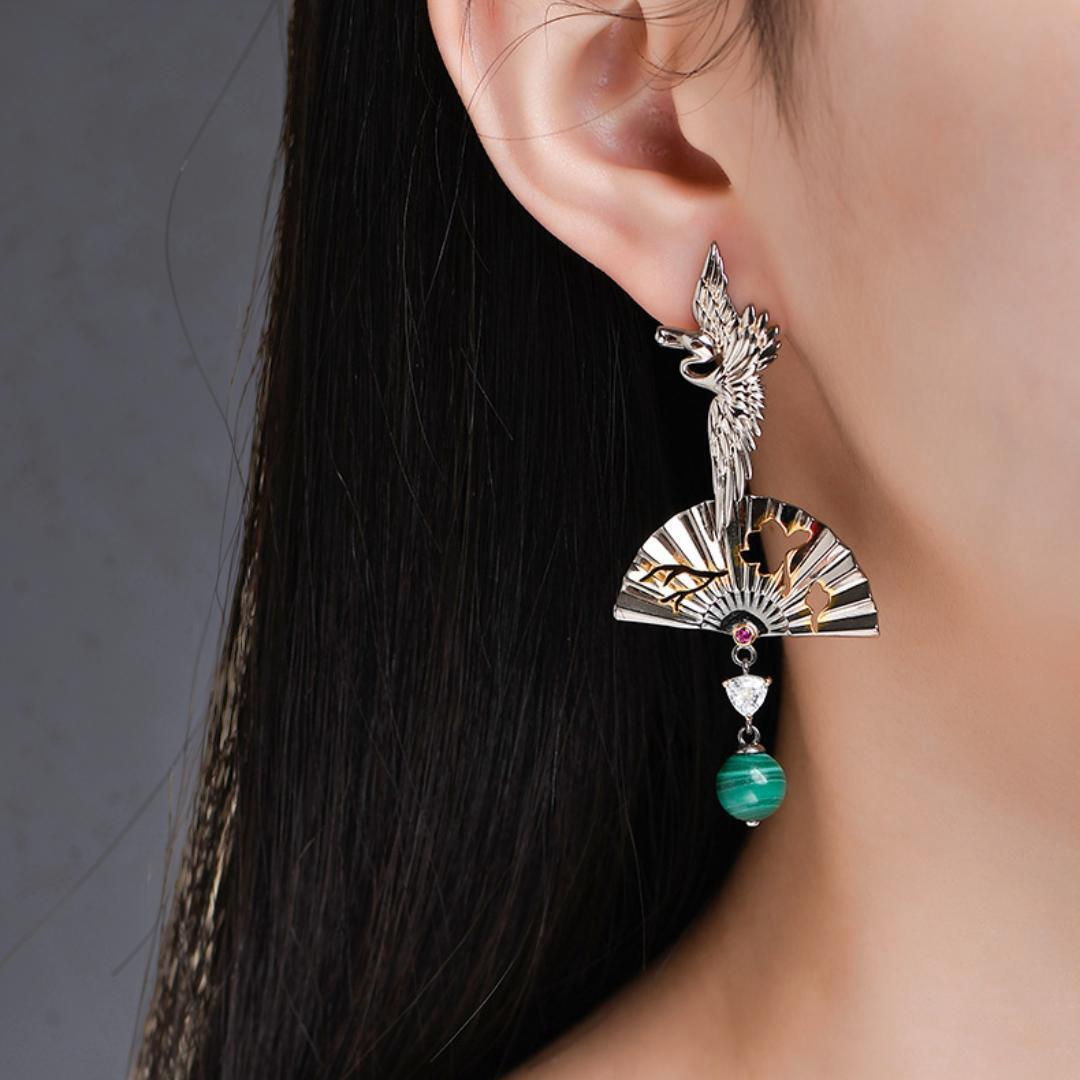 Boucles d'Oreilles Malachite – Grue de Chance, Argent 925