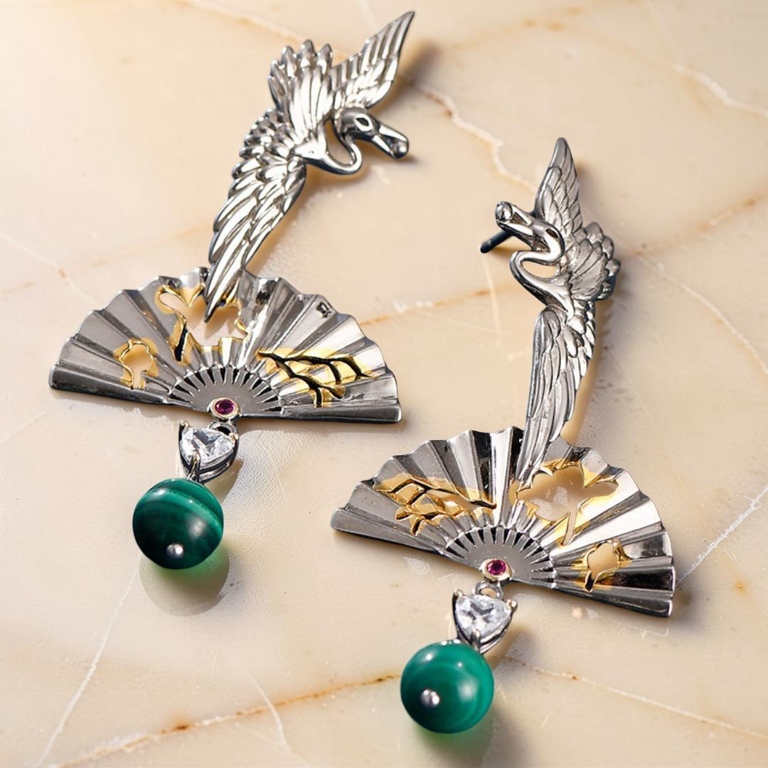 Boucles d'Oreilles Malachite – Grue de Chance, Argent 925