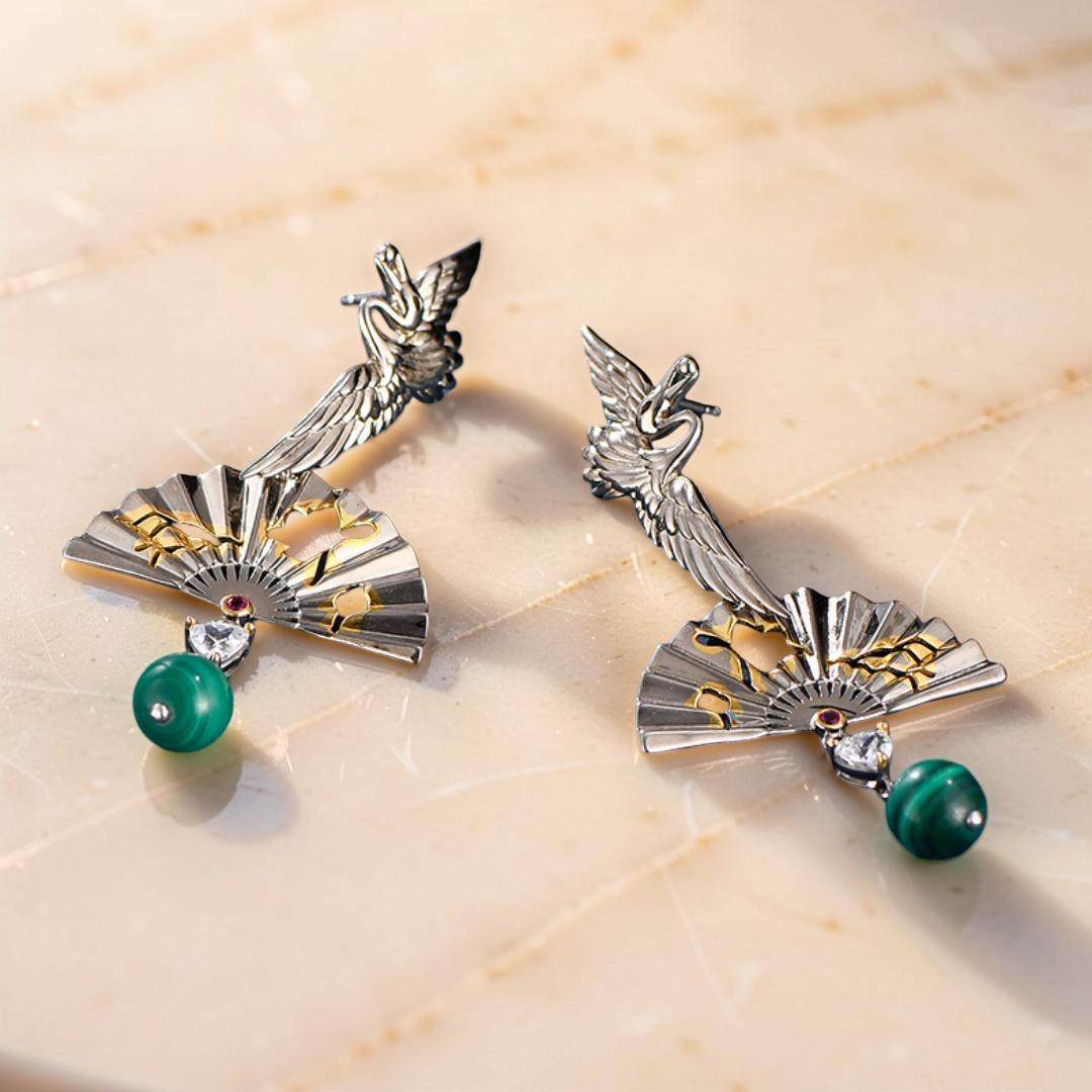 Boucles d'Oreilles Malachite – Grue de Chance, Argent 925