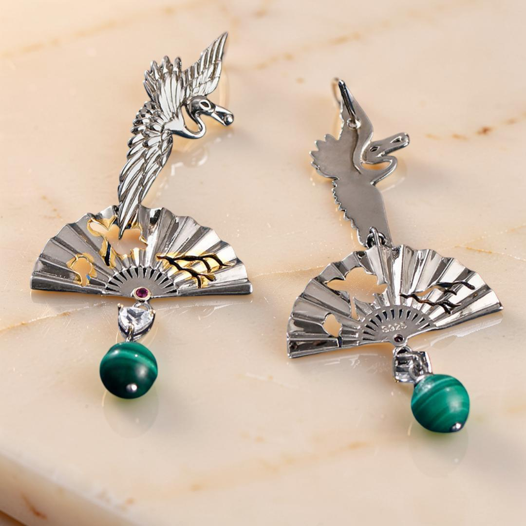 Boucles d'Oreilles Malachite – Grue de Chance, Argent 925