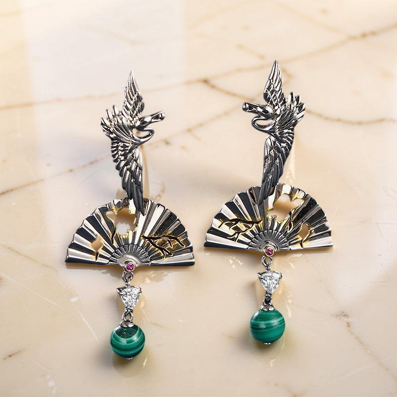 Boucles d'Oreilles Malachite – Grue de Chance, Argent 925