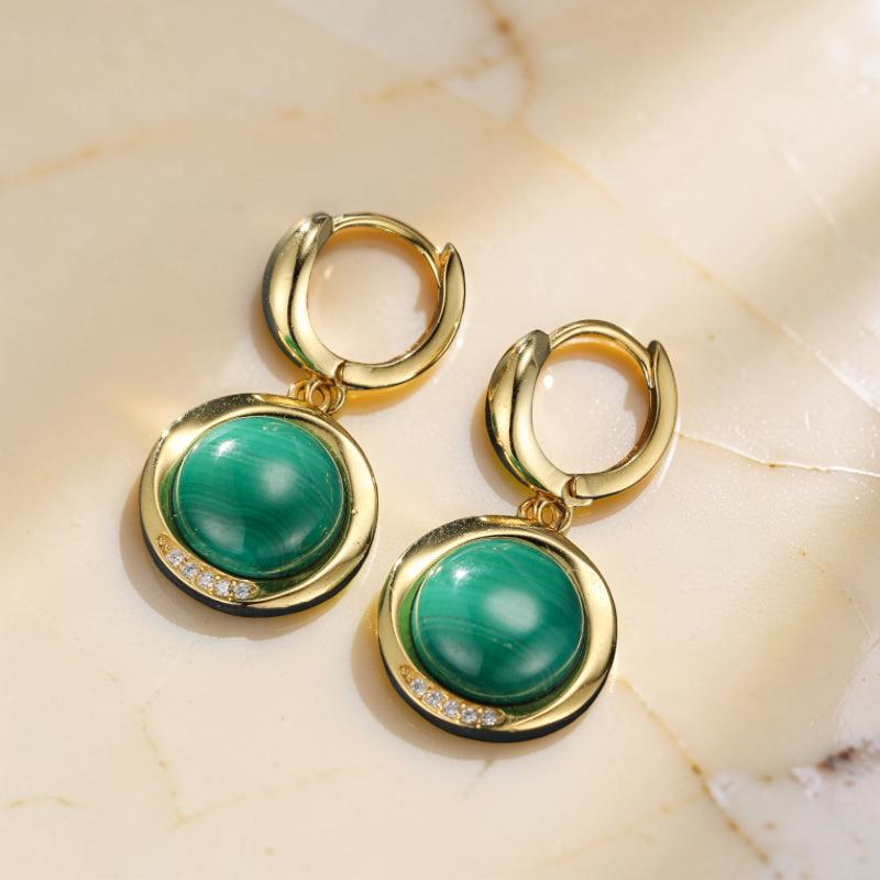 Boucles d'Oreilles Malachite – Harmonie Verte, Argent Plaqué Or