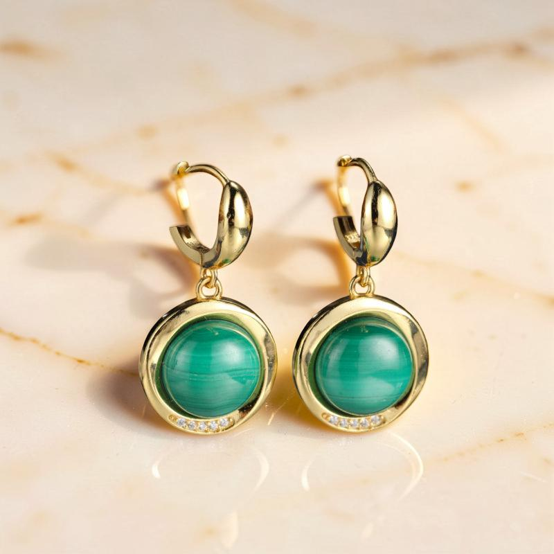 Boucles d'Oreilles Malachite – Harmonie Verte, Argent Plaqué Or