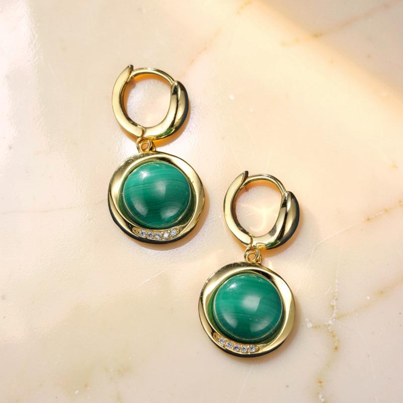 Boucles d'Oreilles Malachite – Harmonie Verte, Argent Plaqué Or