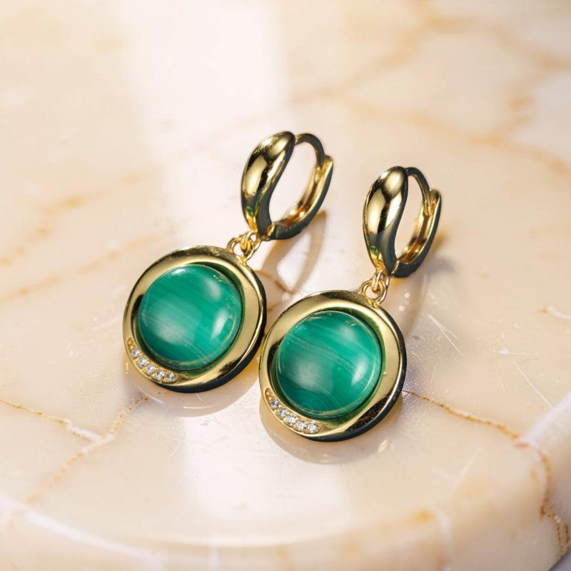 Boucles d'Oreilles Malachite – Harmonie Verte, Argent Plaqué Or