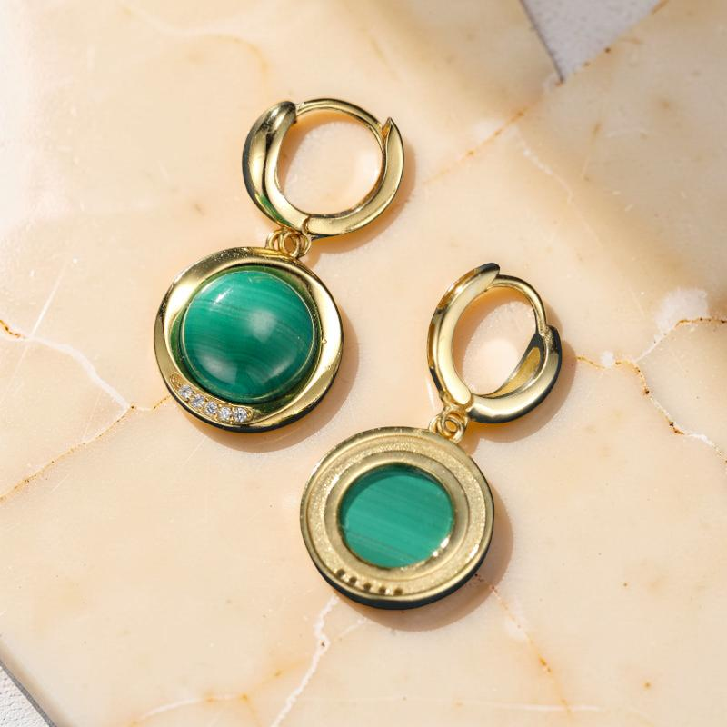 Boucles d'Oreilles Malachite – Harmonie Verte, Argent Plaqué Or