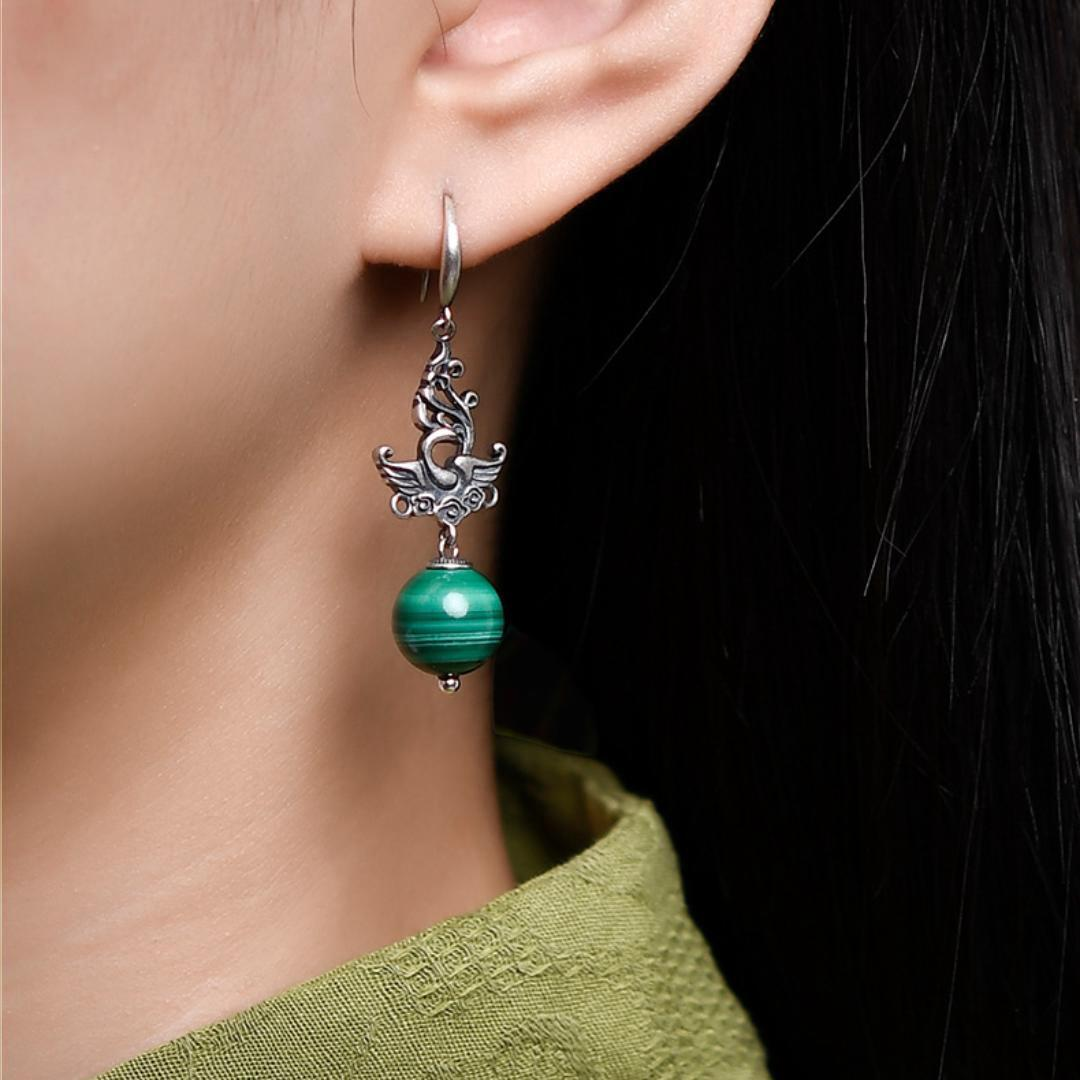 Boucles d'Oreilles Malachite – Phénix de Renaissance, Argent 925
