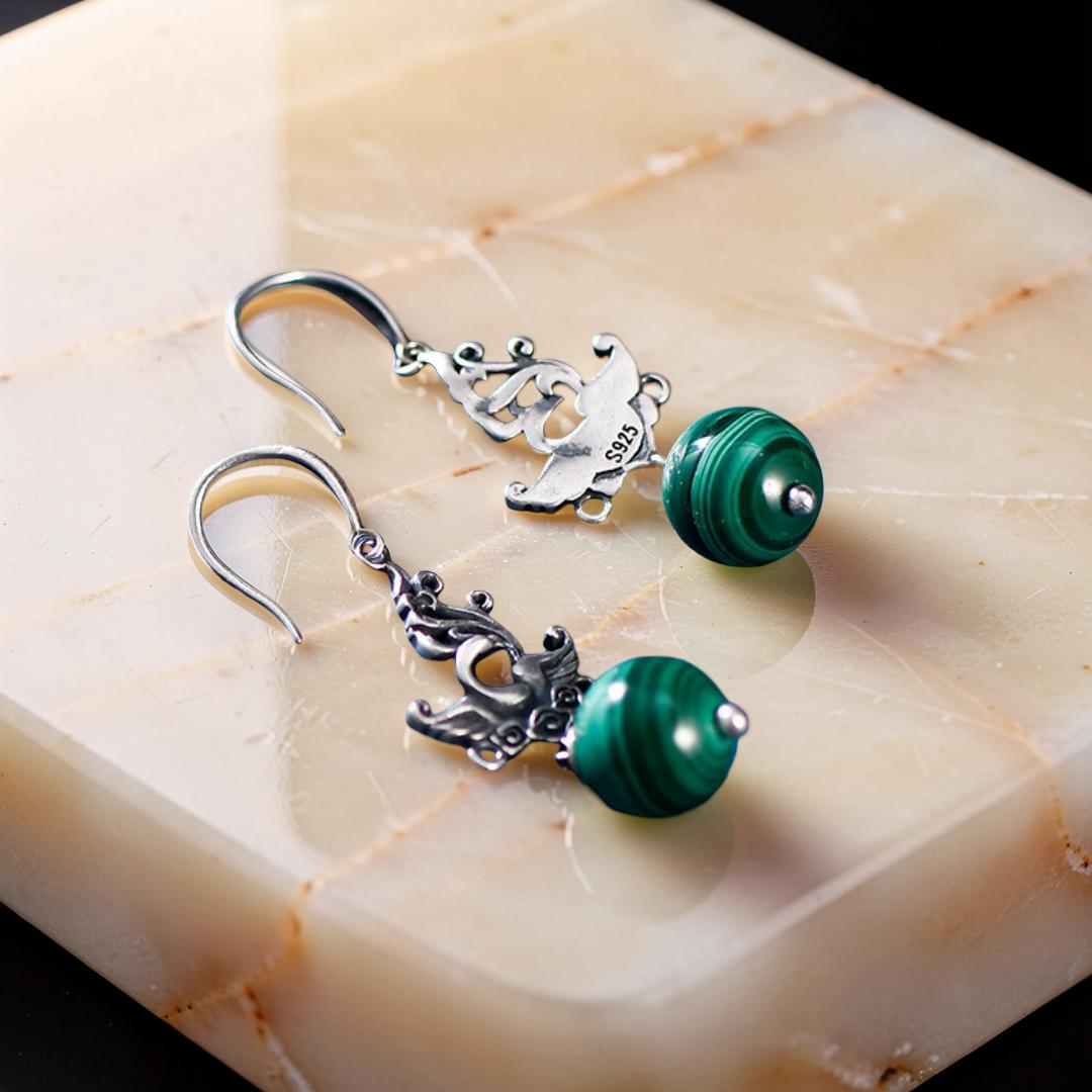 Boucles d'Oreilles Malachite – Phénix de Renaissance, Argent 925
