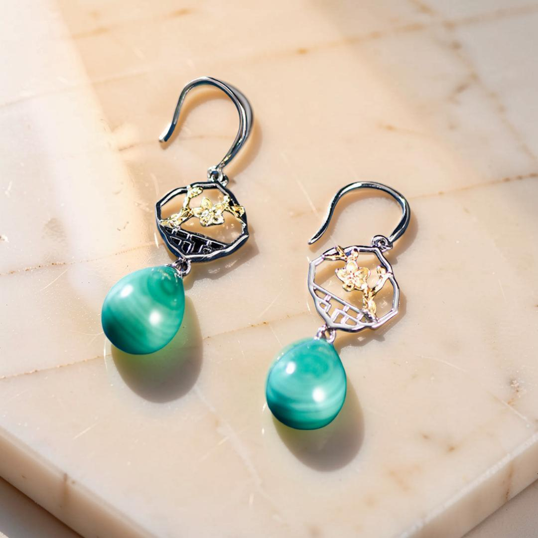 Boucles d'Oreilles Malachite – Sakura, Argent 925