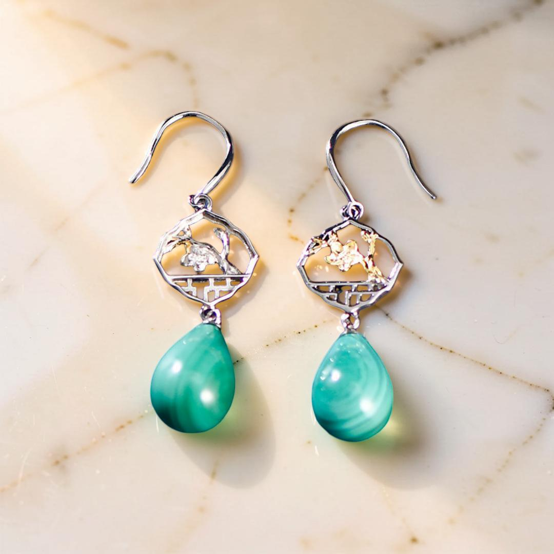 Boucles d'Oreilles Malachite – Sakura, Argent 925