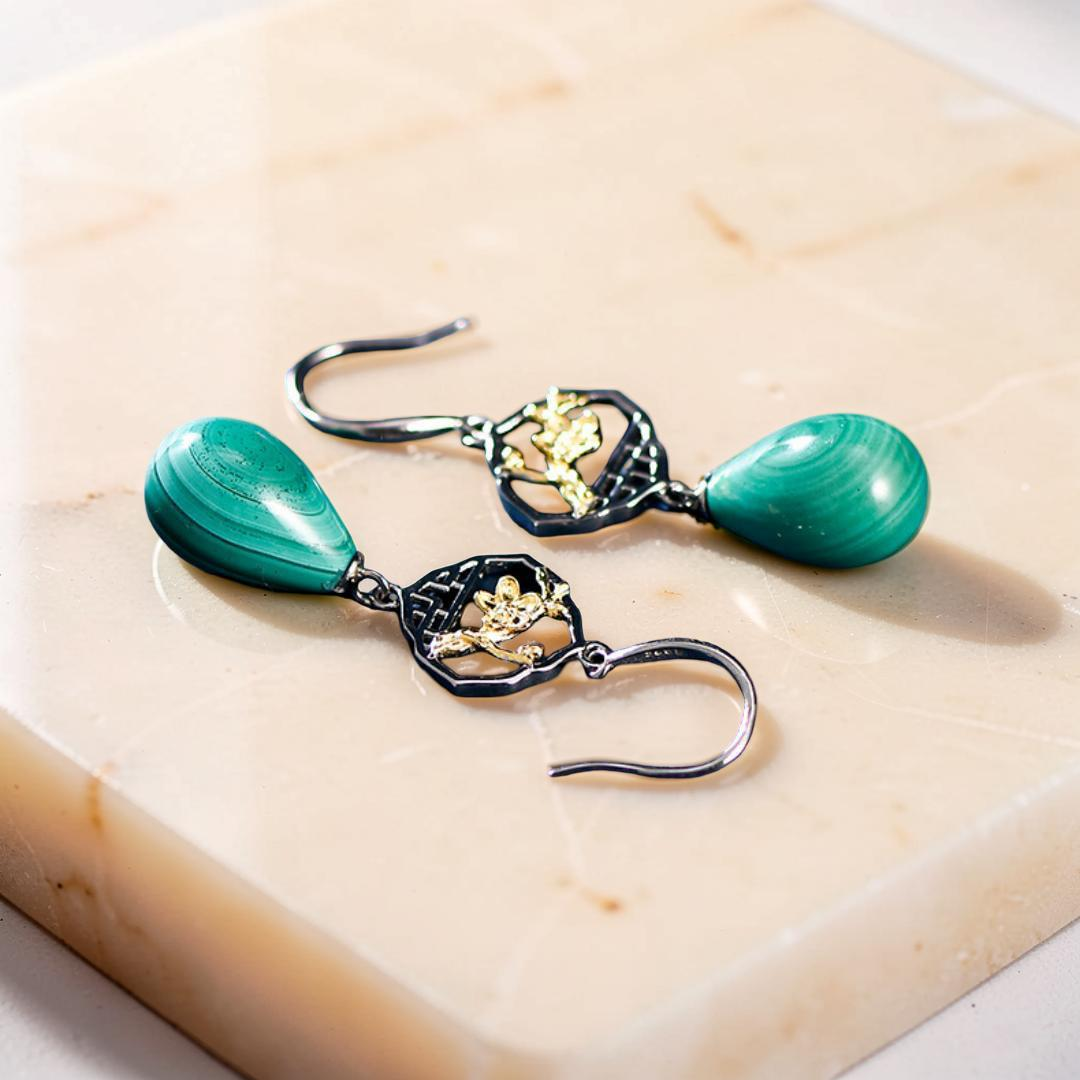 Boucles d'Oreilles Malachite – Sakura, Argent 925