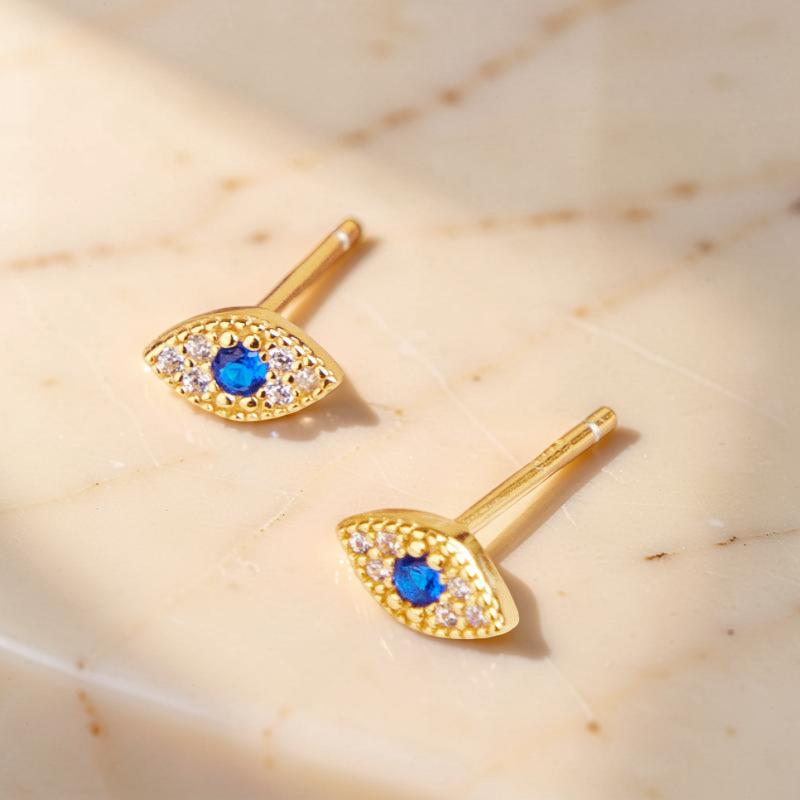 Boucles d'Oreilles Mauvais Œil – Pureté Mystique, Argent Plaqué Or