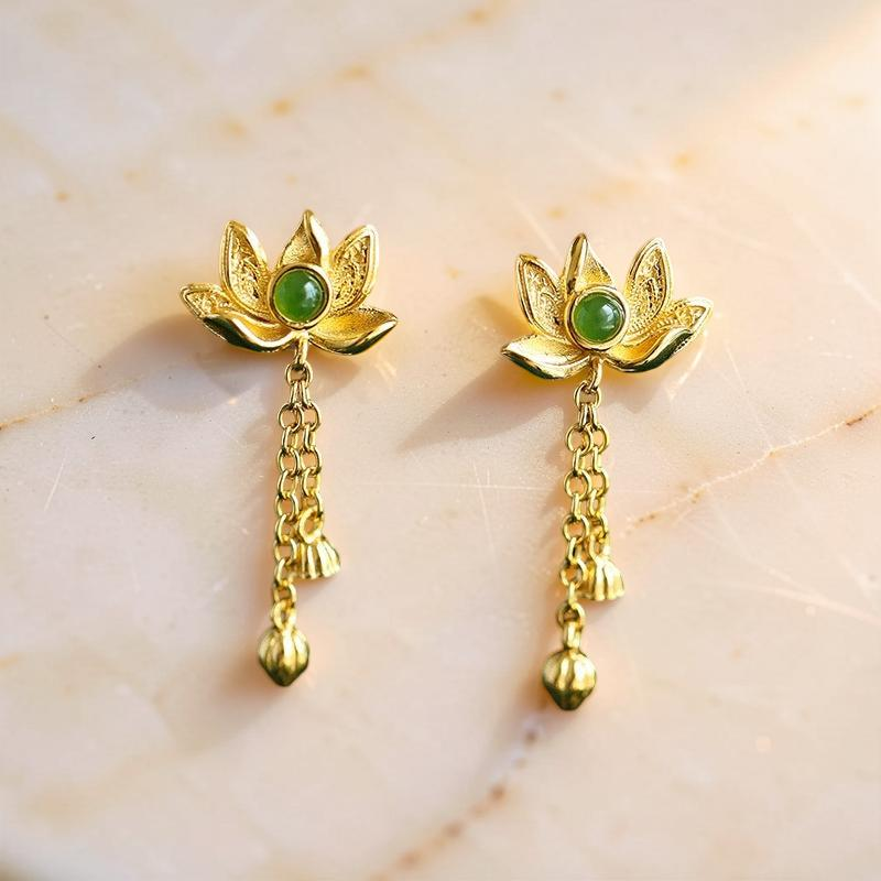 Boucles d'Oreilles Pendantes en Jade – Douceur, Argent Plaqué Or