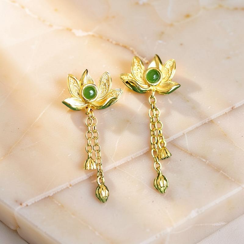 Boucles d'Oreilles Pendantes en Jade – Douceur, Argent Plaqué Or