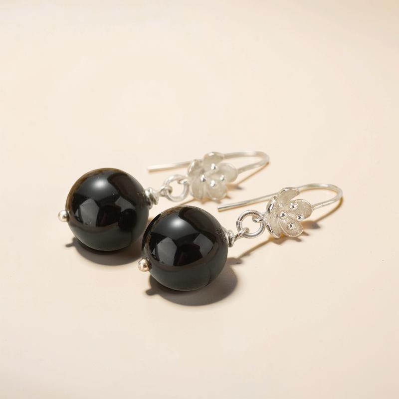 Boucles d'Oreilles Pendantes Obsidienne – Floraison Mystique, Argent