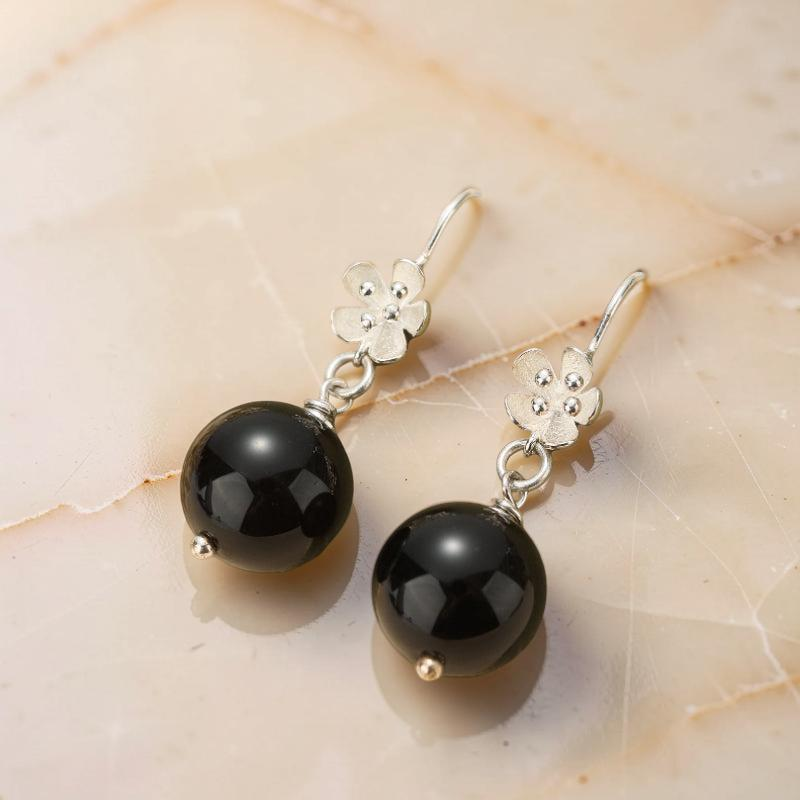 Boucles d'Oreilles Pendantes Obsidienne – Floraison Mystique, Argent