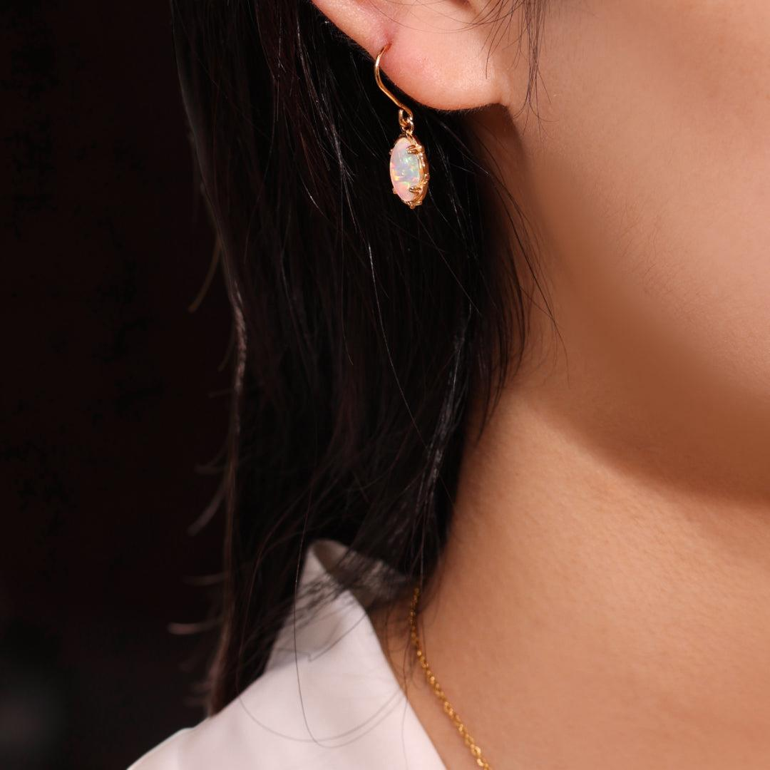 Boucles d'Oreilles Pendantes Opale – Flamme Mystique, Argent Plaqué Or