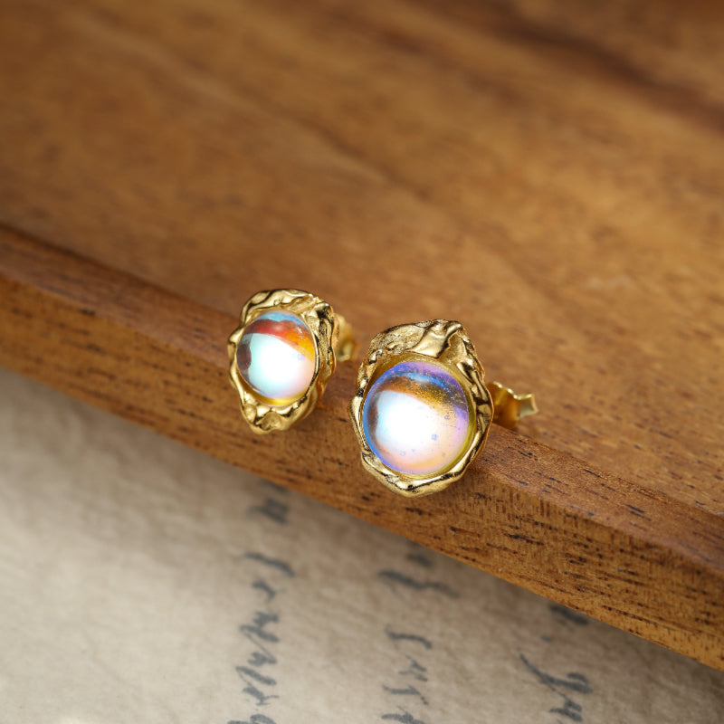 Boucles d'Oreilles Pierre de Lune – Mystère Astral, Argent Plaqué Or