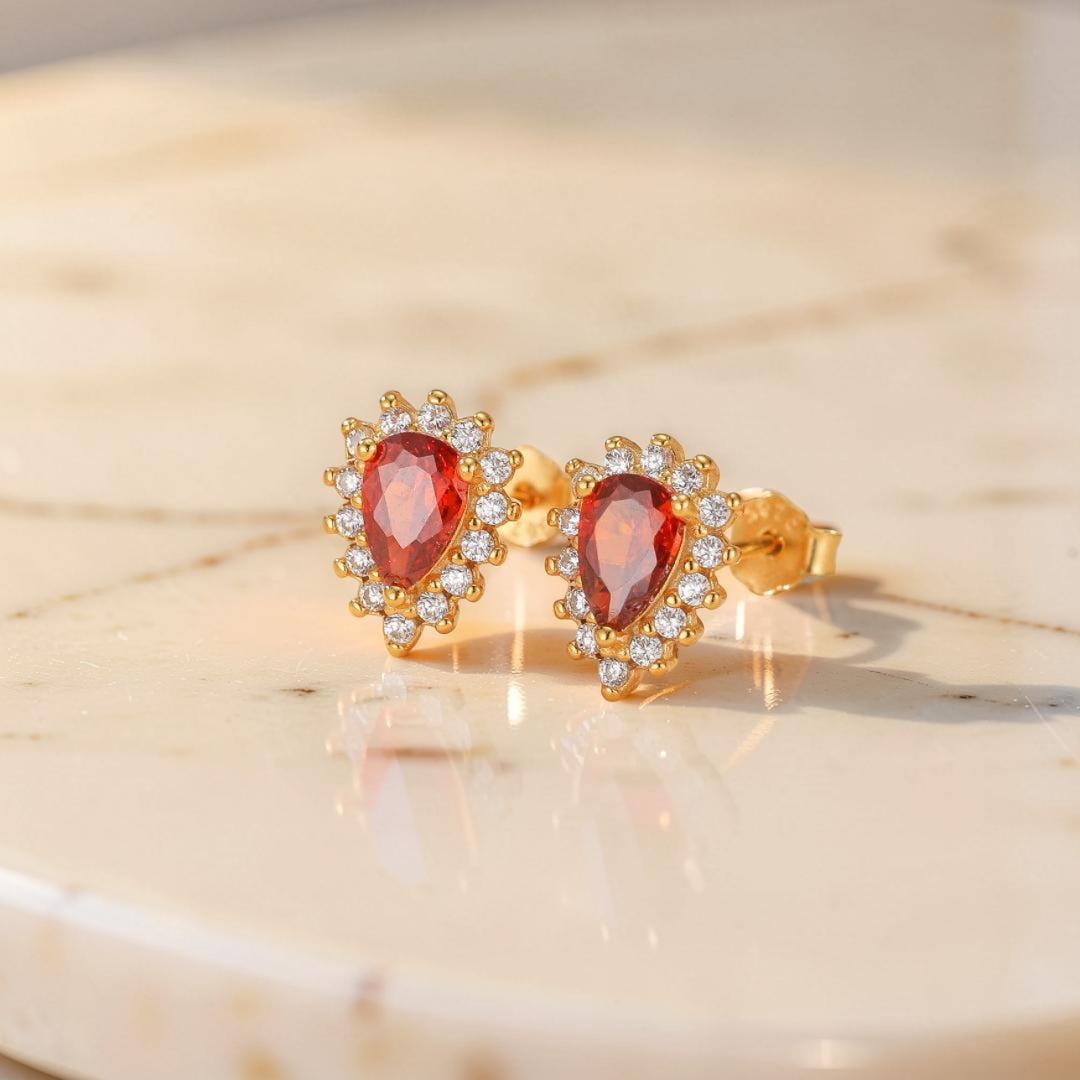 Boucles d'Oreilles Rubis – Étincelles d'Amour, Argent Plaqué Or