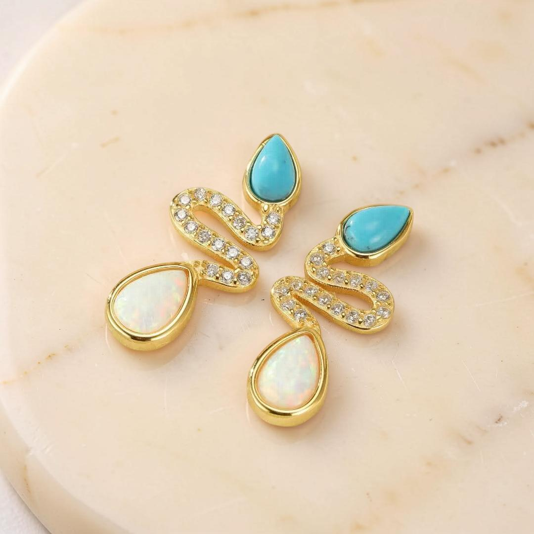Boucles d'Oreilles Serpent Opale et Turquoise– Larmes de Lagon, Argent 925