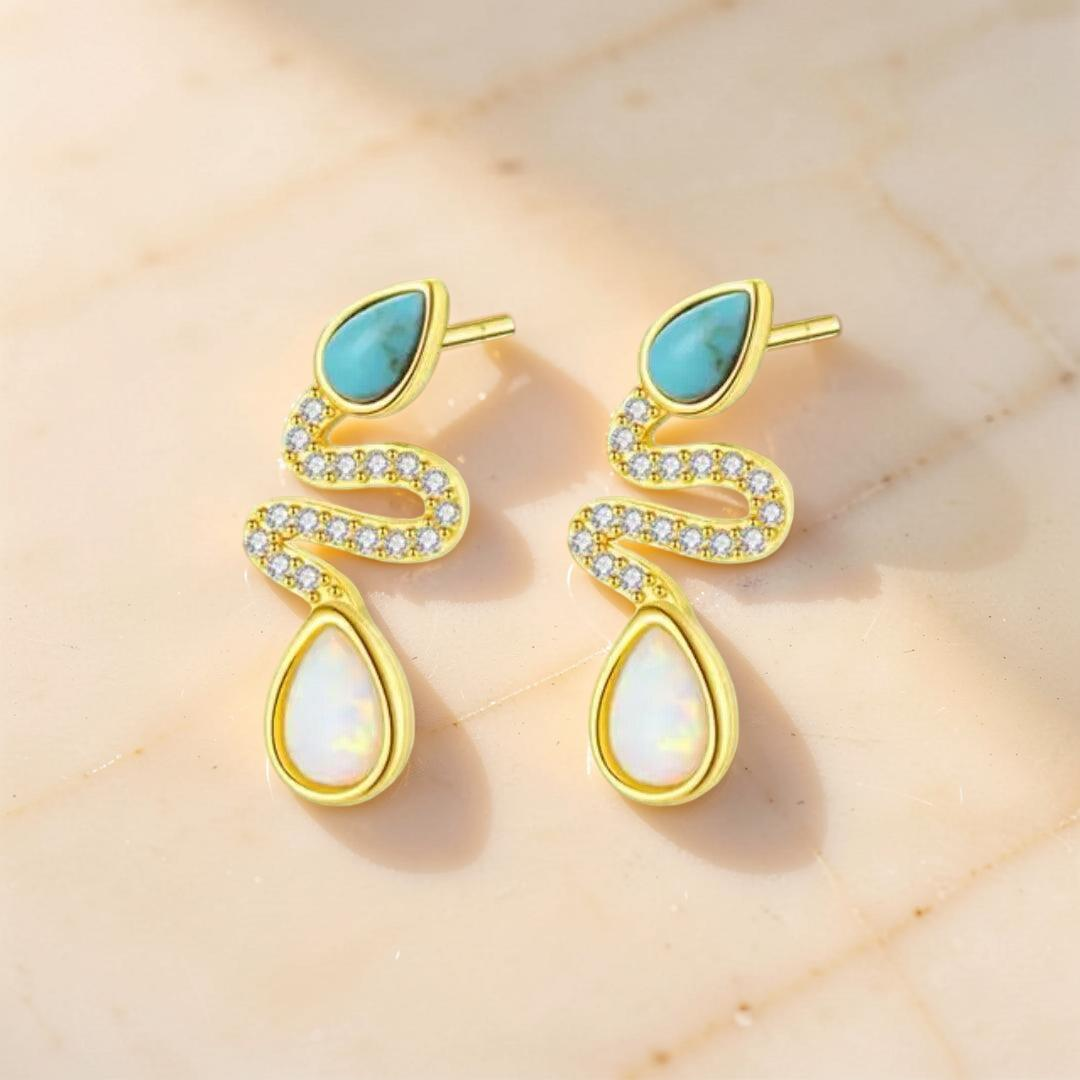 Boucles d'Oreilles Serpent Opale et Turquoise– Larmes de Lagon, Argent 925