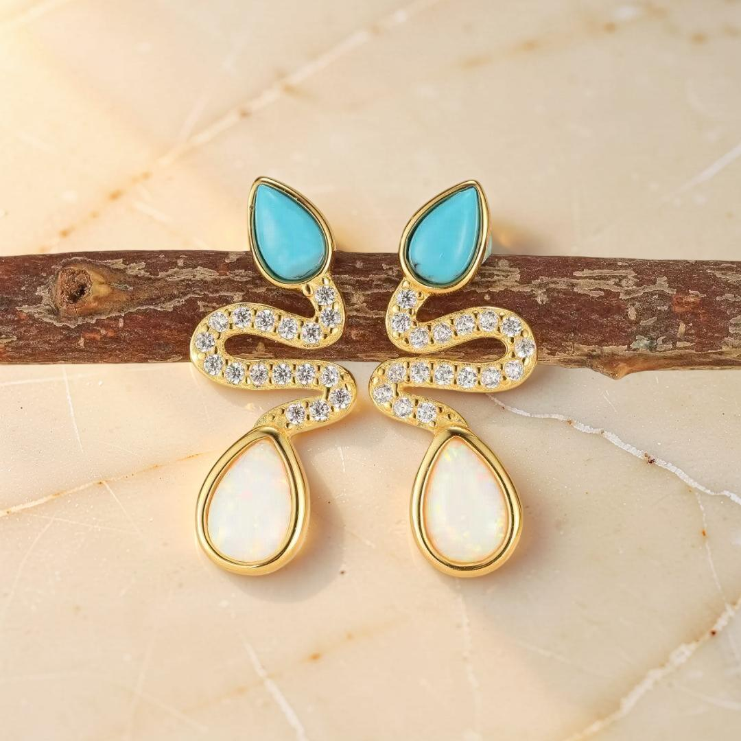 Boucles d'Oreilles Serpent Opale et Turquoise– Larmes de Lagon, Argent 925