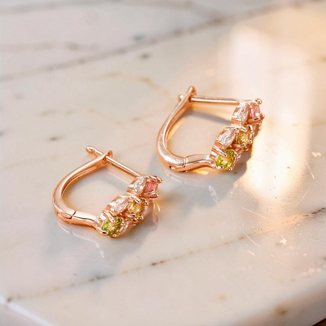 Boucles d'Oreilles Tourmaline – Rayonnement Floral, Argent Plaqué Or
