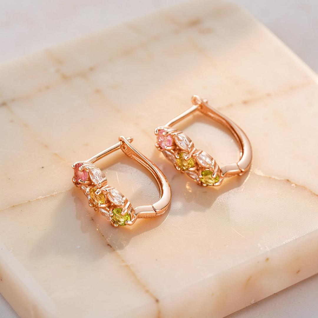 Boucles d'Oreilles Tourmaline – Rayonnement Floral, Argent Plaqué Or