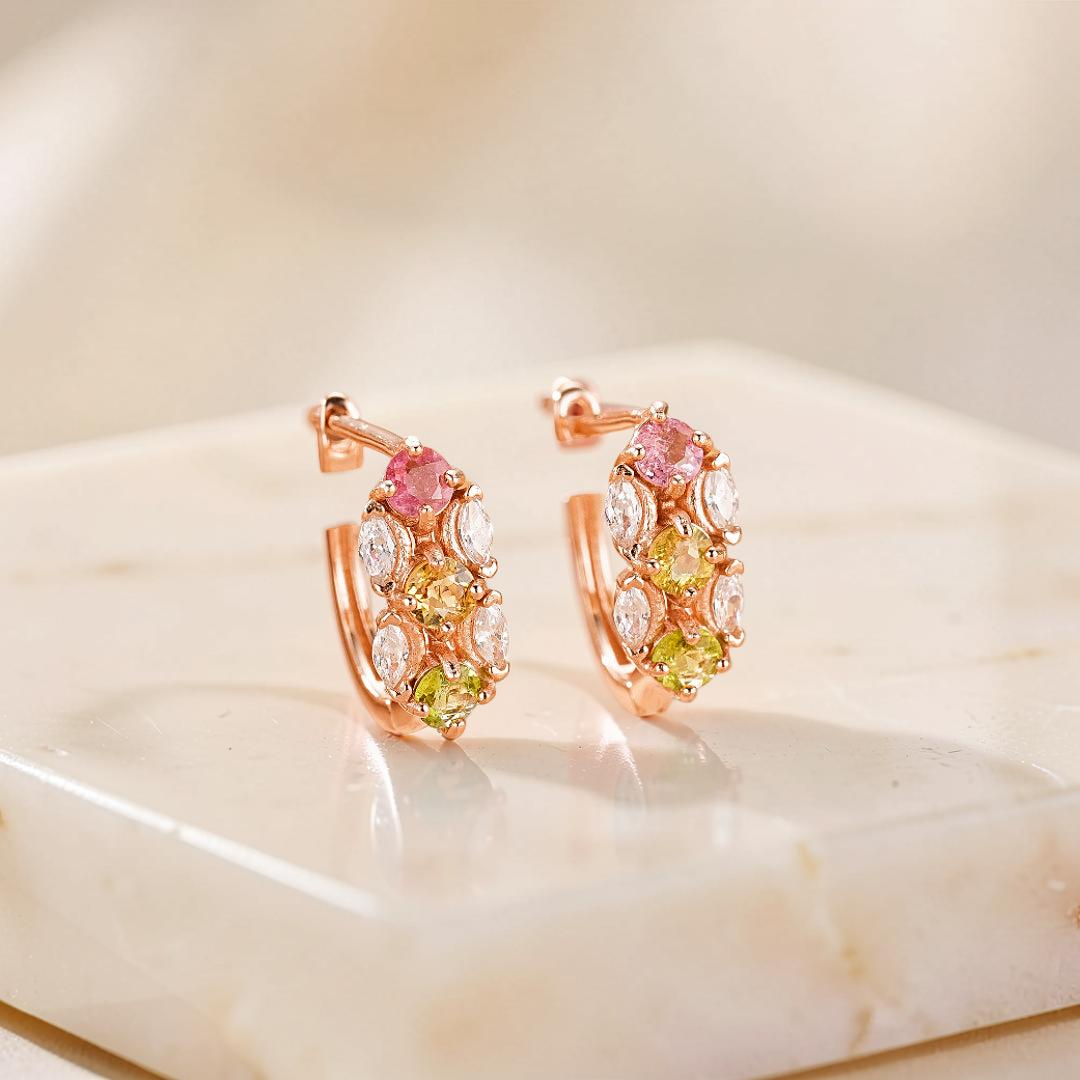 Boucles d'Oreilles Tourmaline – Rayonnement Floral, Argent Plaqué Or