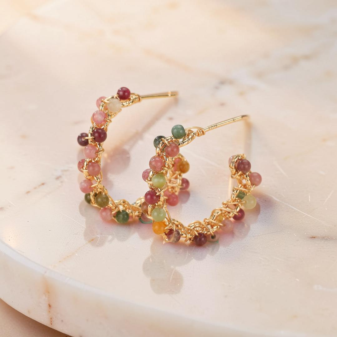 Boucles d'Oreilles Tourmaline – Vibrations Solaires, Plaqué Or 14k