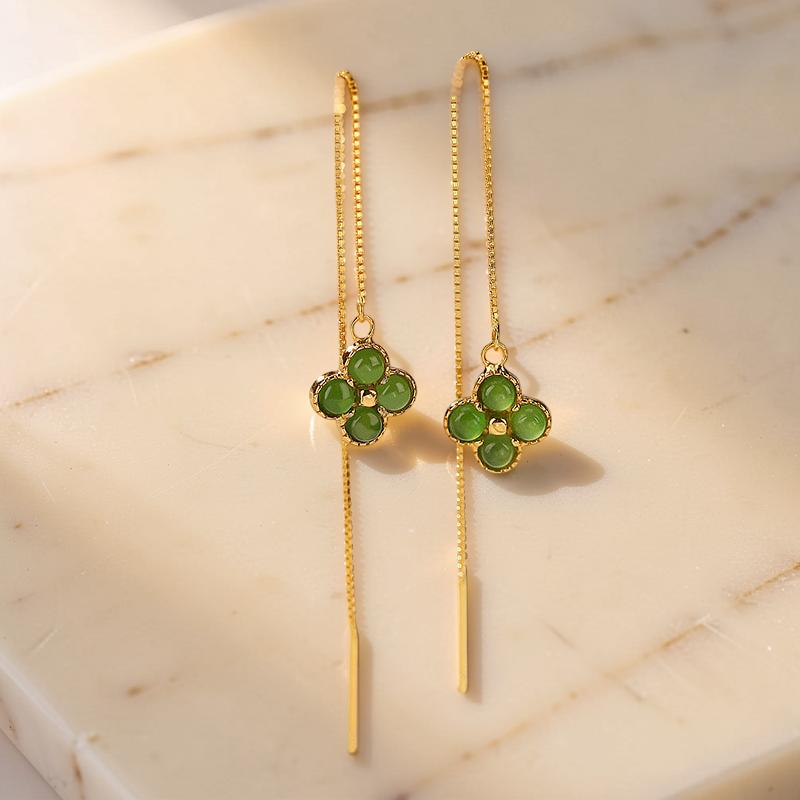 Boucles d'Oreilles Trèfle en Jade – Porte-Bonheur, Argent Plaqué Or