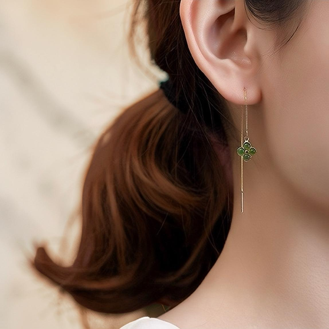 Boucles d'Oreilles Trèfle en Jade – Porte-Bonheur, Argent Plaqué Or