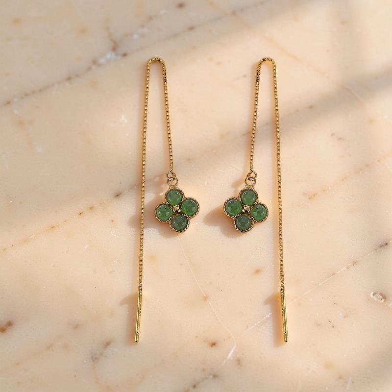Boucles d'Oreilles Trèfle en Jade – Porte-Bonheur, Argent Plaqué Or